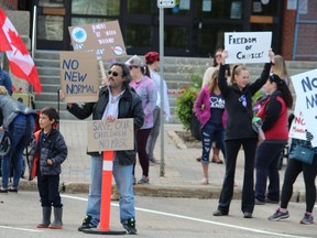 People opposing a proposed mask bylaw rally outside the Jubilee Centre on Saturday, September 12, 2020. Vincent McDermott/Fort McMurray Today/Postmedia Network