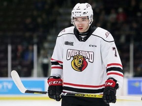 Owen Sound Attack's Deni Goure plays against the Sarnia Sting at Progressive Auto Sales Arena in Sarnia, Ont., on Friday, Jan. 3, 2020. Mark Malone/Chatham Daily News/Postmedia Network