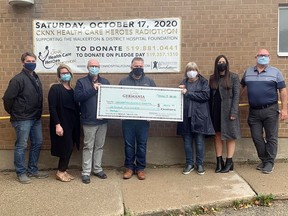 Germania Mutual Insurance presents the Walkerton and District Hospital Foundation with a $1,500 donation for the Radiothon. Pictured from left are WDHF directors Andy Dales and Erin Kenny, WDHF vice chair Mark Gaynor, Germania Mutual Insurance president and CEO Dan Hill, WDHF chair Janice Swanton and WDHF directors Carman Stafford and Brian Currie.