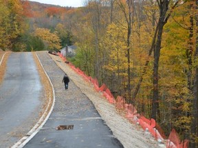 A man walks along Inglis Falls Road in Georgian Bluffs on Thursday, October 15, 2020.