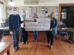 The Walker House is inviting the community to support their Walker House Capital Campaign. The Ontario Government showed their support with a Rural Economic Development (RED) grant in the amount of $27,676.83. L-R: Graham Mahood, president of the Paddy Walker Heritage Society, Sylvia Leigh, secretary of the Paddy Walker Heritage Society amd Avis Dalgarno, capital campaign committee with Lisa Thompson, MPP Huron-Bruce. Hannah MacLeod/Kincardine News