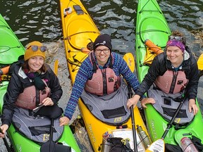 Monika Szpytko, from left, Anika Smithson and Danika Guppy paddled kayaks 202 kilometres from Kingston to Ottawa from Sept. 26 to Oct. 3 to raise awareness about waterway and ocean conservation, through Ocean Wise's Ocean Bridge project. (Supplied Photo)