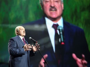 Belarusian President Alexander Lukashenko speaks at an event in Minsk, Belarus, in September. (Reuters)