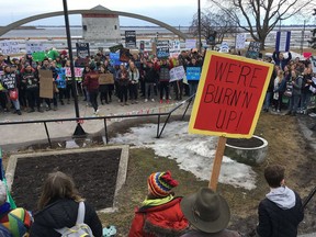 Climate change protestors rally in Confederation Park across from City Hall in Kingston in March 2019. (Elliot Ferguson/The Whig-Standard)