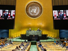 Justin Trudeau, prime minister of Canada speaks virtually during the 75th annual UN General Assembly, which is being held mostly virtually due to the COVID-19 pandemic in New York City on Sept. 25. (Reuters)