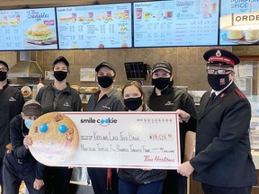 This year's local Tim Hortons Smile Cookie campaign was a huge success. In the photo Kirkland Lake Tim Hortons representatives Alex Lussier, Melissa Lussier, Mary Jay, Susan Cressman, Ashley Thibeault, and Samantha Quenneville present local Salvation Army Chaplain Robbie Donaldson with a check for almost $ 20 000.