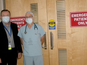 Dr. Mark Nelham, seen above right with South Huron Hospital president and CEO Bruce Quigley, has just been named hospital chief of staff for a three-year term. Nelham has been with the hospital for more than 22 years. Scott Nixon