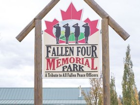 Mayor Janet Jabush, left, along with Margaret Thibault, centre, and Colette McKillop pose at the Fallen Four Memorial Park, which will now be owned by the Town of Mayerthorpe.
Brigette Moore