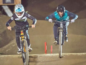 Chaney Guennet, left, on a Cachet Bike, competes in the pumptrack competition as part of Crankworx in Innsbruck, Austria, on the weekend.
Submitted Photo