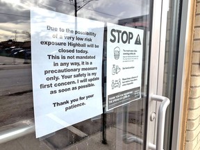 A note is posted on the door of Highball Billiards & Bar after the North Bay Parry Sound District Health Unit issued a community notice this week about a potential public exposure to COVID-19 among patrons at the establishment.

Jennifer Hamilton-McCharles