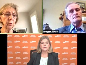 NDP Leader Andrea Horwath was joined Thursday by North Bay resident Ann McIntyre, top left, and Timiskaming-Cochrane MPP John Vanthof in a Zoom media conference on long-term care.

Jennifer Hamilton-McCharles
