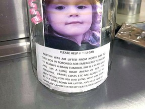 Alisynn Louiseize, 4, from North Bay is recovering from a brain tumour at the Hospital for Sick Children in Toronto in Toronto. Her great-aunt has organized a fundraising campaign to assist with costs to keep her father by her side. Jennifer Hamilton-McCharles Photo