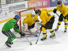 The Melfort Mustangs (in green) and the Nipawin Hawks started a late pre-season with a game in Nipawin on Friday, Oct. 23 and the following night in Melfort. Nipawin won the first game in OT 3-2 aand Melfort took the second win 2-1. Photo Susan McNeil.