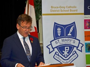 Former Bruce-Grey-Owen Sound MPP Bill Walker speaks at an announcement of funding for an expansion of St. Mary's High School in October 2020.