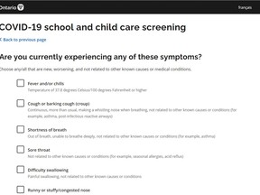 Ontario's COVID-19 school and childcare screening tool. Screencapture