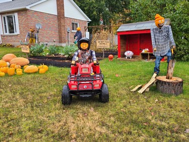 Aaron McCambridge won first place in the best harvest display with a theme for his funny farm display. This was the first year for the pumpkin folks residential decorating contest as part of the 2020 Petawawa Ramble.