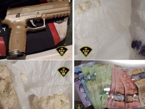 Seven Ottawa Valley residents, six from Pembroke, are facing charges related to seizures made by OPP officers in Pembroke on Friday, Oct. 9. Some of the items seized by police from an apartment on Pembroke Street West included a replica handgun (top left), purple fentanyl and crystal methamphetamine (top right), fentanyl (bottom left) and currency. OPP photos