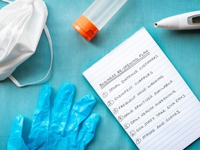 Flat-lay still life arrangement illustrating concept of re-opening business after coronavirus COVID-19. Business plan on notebook, surgical glove, thermometer, hand sanitizer, and medical mask on blue background

Not Released (NR)