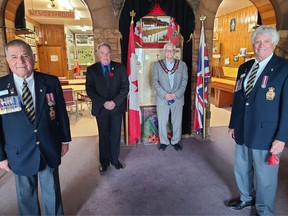 The Pembroke Legion has presented poppies to two area mayors ahead of the official start of the 2020 Royal Canadian Legion Poppy Campaign on Oct. 30. Taking part in the presentation at Branch 72 (from left) were branch president Stan Halliday, Laurentian Valley Mayor Steve Bennett, Pembroke Mayor Mike LeMay and branch first vice-president and poppy chairman Romeo Levasseur.