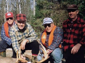 The author's dad, Rathwell Morrison (2nd from left), Jim Bindon, the late Ron Swail (right) and the late Harold Dawe (left) pose with the author's biggest buck to date, a Quebec Record, taken in 1996.
