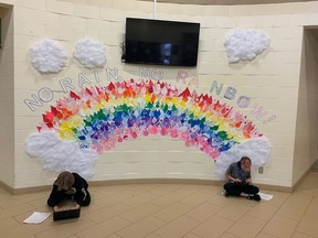 At St. Francis of Assisi Catholic School in Petawawa, several teachers led the school in creating raindrops to form a rainbow in the front foyer. Submitted photo