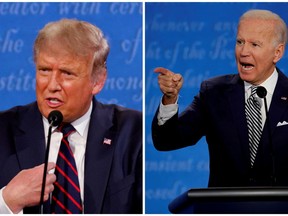 FILE PHOTO: A combination picture shows U.S. President Donald Trump and Democratic presidential nominee Joe Biden speaking during the first 2020 presidential campaign debate, held on the campus of the Cleveland Clinic at Case Western Reserve University in Cleveland, Ohio, U.S., September 29, 2020. REUTERS/Brian Snyder/File Photo ORG XMIT: FW1

NARCH/NARCH30