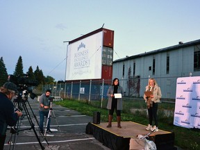 The hosts of the Stratford and District Chamber of Commerce's 2020 Business Excellence Awards, Joani Gerber and Courtney Teahen, prepare to welcome those gathered safely in their vehicles at the Movies Under the Stars drive-in theatre in Stratford to the COVID-friendly ceremony on Oct. 1, 2020. Galen Simmons/Beacon Herald file photo