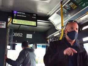 Stratford transit manager Michael Mousley led a demonstration Friday afternoon of new technology aimed at improving the rider experience on and off Stratford buses. The improvements include new displays showing live updates on routes and upcoming stops, as well as a rider app that will allow users to track buses and see estimated arrival times on their phone or other mobile devices. 
(Galen Simmons/The Beacon Herald)