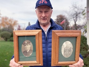 Larry Dale, a retired firefighter in Stratford, holds photos of his uncle, Frank Morley (left), and his father, Bruce Dale, who both served with the Royal Canadian Airforce during the Second World War. Both men are among seven area soldiers featured on Remembrance Day banners hung in downtown Stratford this year, part of a tradition that began in 2018. (CORY SMITH/Stratford Beacon Herald)