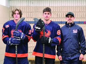 Soo Thunderbirds rookie defencemen Connor Toms and Kaden Dundas with assistant coach Aidan Wright. ALLANA PLAUNT