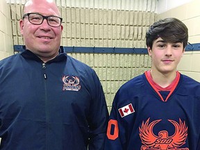 Thunderbirds rookie forward Tyson Doucette (right) with head coach Denny Lambert. SPECIAL TO SAULT THIS WEEK