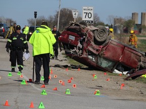 A fatal crash involving a transport truck and a passenger vehicle May 4  is investigated by the OPP at the intersection of Petrolia Line and Kimball Road in St. Clair Township, south of Sarnia. One person was declared dead at the scene, and two others were taken to hospital. (File photo)