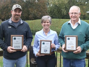 The Delhi & District Chamber of Commerce recognized three local businesses with awards on Oct. 15. Accepting the Longstanding Businesses awards is Jeremy Dekoninck from R. Dekoninck Masonry, and Michele Docker from Andy's Drive-In. Accepting the 2020 Business of the Year Award is Ben De Cloet from De Cloet Greenouse Manufacturing. (ASHLEY TAYLOR)