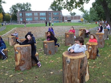 French immersion students show off an outdoor classroom at Lansdowne Public School in Sudbury, Ont. on Thursday October 1, 2020. The schoolyard at Lansdowne is being used as an alternate place of learning for students as part of a revitalization plan at the school, and because of the COVID-19 pandemic. John Lappa/Sudbury Star/Postmedia Network
