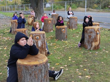 French immersion students show off an outdoor classroom at Lansdowne Public School in Sudbury, Ont. on Thursday October 1, 2020. The schoolyard at Lansdowne is being used as an alternate place of learning for students as part of a revitalization plan at the school, and because of the COVID-19 pandemic. John Lappa/Sudbury Star/Postmedia Network