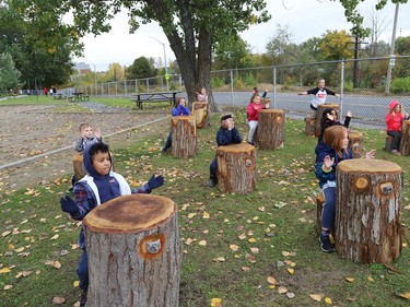 French immersion students show off an outdoor classroom at Lansdowne Public School in Sudbury, Ont. on Thursday October 1, 2020. The schoolyard at Lansdowne is being used as an alternate place of learning for students as part of a revitalization plan at the school, and because of the COVID-19 pandemic. John Lappa/Sudbury Star/Postmedia Network