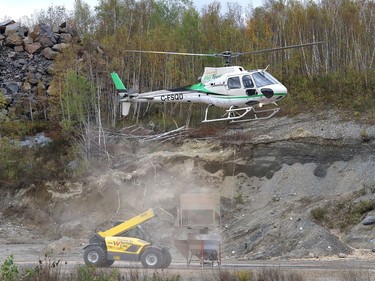 Vale's annual aerial seeding program wrapped up on Friday October 2, 2020, near the town of Wahnapitae. Helicopters from Zimmer Air Services applied fertilizer, grass seed and lime over a four-day period. Pioneer Construction provided the staging site for the project. The aerial seeding program targets barren land requiring reclamation around the company's operations. The program, which started in 1990, has treated more than 3,900 hectares (9,650 acres) of land to date. This year's treatment area was about 100 hectares (247 acres). Starting this weekend, Zimmer helicopters will apply lime to an area about one kilometre north of Vale's Copper Cliff central tailings area. John Lappa/Sudbury Star/Postmedia Network