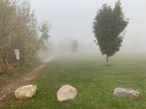 An early-morning fog hovers over the land and trees at Simon Lake Park in Naughton on Monday.