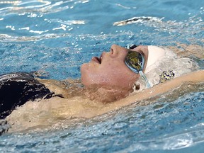 Lauren Thomas, of Laurentian University Voyageurs swim team, trains in the pool at the Howard Armstrong Recreation Centre in Hanmer, Ont. on Tuesday October 6, 2020. John Lappa/Sudbury Star/Postmedia Network