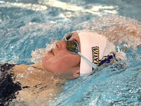 Lauren Thomas, of Laurentian University Voyageurs swim team, trains in the pool at the Howard Armstrong Recreation Centre in Hanmer, Ont. on Tuesday October 6, 2020. John Lappa/Sudbury Star/Postmedia Network