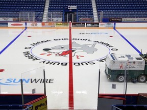 A Zamboni driver puts finishing touches on the newly installed ice surface at Sudbury Community Arena in Sudbury, Ontario on Thursday, October 15, 2020. The Sudbury Wolves and their rivals in the OHL have targeted a Nov. 15 start date for training camps and a Dec. 1 start for the regular season, but those dates are dependent on getting the go-ahead from provincial and public health authorities. Some of the Wolves' staff have returned to work at their offices in the arena. Ben Leeson/The Sudbury Star/Postmedia Network