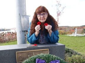 Bernadette Lamirande, poppy chair for Branch 76 of the Royal Canadian Legion, displays poppies that will be available in Sudbury, Ont. as of October 30, 2020. The COVID-19 pandemic has changed how the legion will be providing poppies to the public. Branch 76 will be dropping poppy boxes off to participating businesses and organizations, but as of now, Branch 76 members will not be out in the community offering poppies to Greater Sudburians.