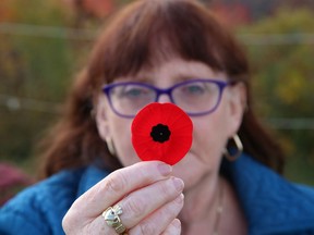 Bernadette Lamirande, poppy chair for Branch 76 of the Royal Canadian Legion, displays poppies that will be available in Sudbury, Ont. as of October 30, 2020. The COVID-19 pandemic has changed how the legion will be providing poppies to the public. Branch 76 will be dropping poppy boxes off to participating businesses and organizations, but as of now, Branch 76 members will not be out in the community offering poppies to Greater Sudburians.