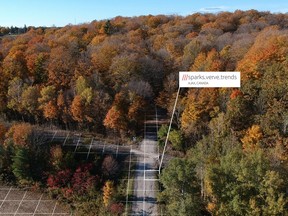 A handout image from what3words shows a superimposed 3x3-metre grid over a location north of Ajax, Ont. The combination of words "sparks.verve.trends" is the designation on a mobile app and online mapping site for that specific spot. Credit: what3words.com