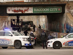 The College Street and Frood Road intersection in Sudbury, Ont., was closed in the fall for the production of the Resident Evil reboot. Filming includes simulated gunfire and a costumed cast. John Lappa/Sudbury Star/Postmedia Network