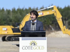 Prime Minister Justin Trudeau speaks while taking part in a ground breaking event at the Iamgold Cote Gold mining site in Gogama, Ont., on Friday, September 11, 2020.