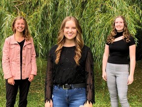 Three post-secondary students from Lambton County were each awarded $1,000 scholarships from the proceeds of the International Ploughing Match, which was held in Enniskillen in 1991. The winners of this year's scholarships are (from left to right): Mia Willemsen, Davis MacKinlay and Emma Darrach. Handout/Sarnia This Week