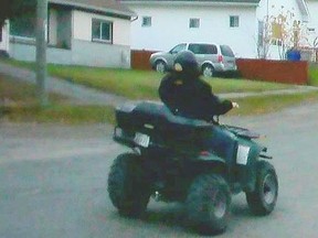In this photo provided by the Timmins Police Service, an all-terrain vehicle is seen here travelling along Leighton Street in the Connaught Hill area of South Porcupine earlier this week. TPS aims to crack down on ATVs driven on city street in response to numerous complaints.

Supplied