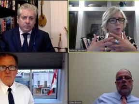 The Timmins Chamber hosted a "virtual town hall" on the state of COVID-19 Wednesday night. The participants clockwise from top left were Timmins-James Bay MP Charlie Angus, Chamber president Melanie Verreault, Timmins MPP Gilles Bisson and Timmins Mayor George Pirie.

Screenshot