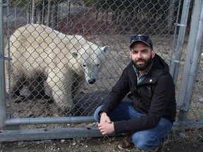 Dylan McCart, the former conservation coordinator at the Cochrane Polar Bear Habitat, is seen here in May 2019, with Taiga, the lone female polar bear housed at the facility. Two weeks ago he was removed from this position. This week, residents demonstrated in front of town hall to protest the firing. RON GRECH/The Daily Press